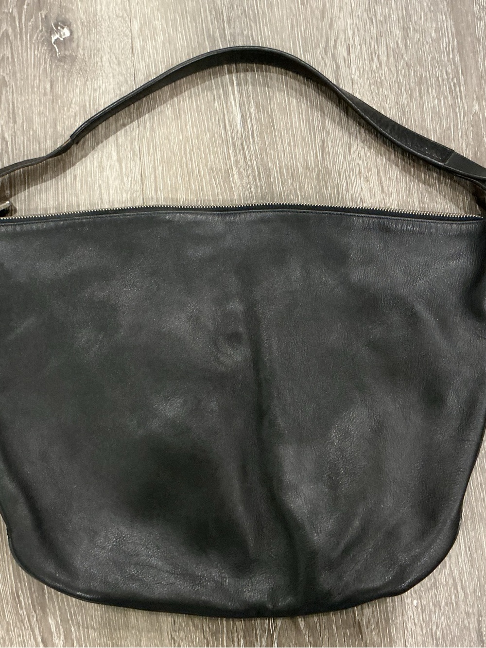 VTG Furla Y2K Hobo Black Leather Shoulder Bag Zip Close, F Logo On Zip And Liner